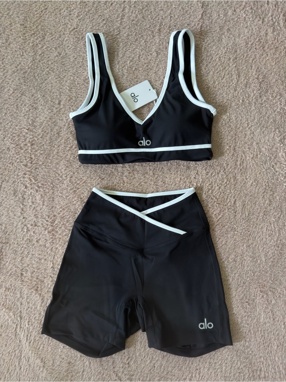 ALO Yoga Black Swim Bikini Set with White Trim